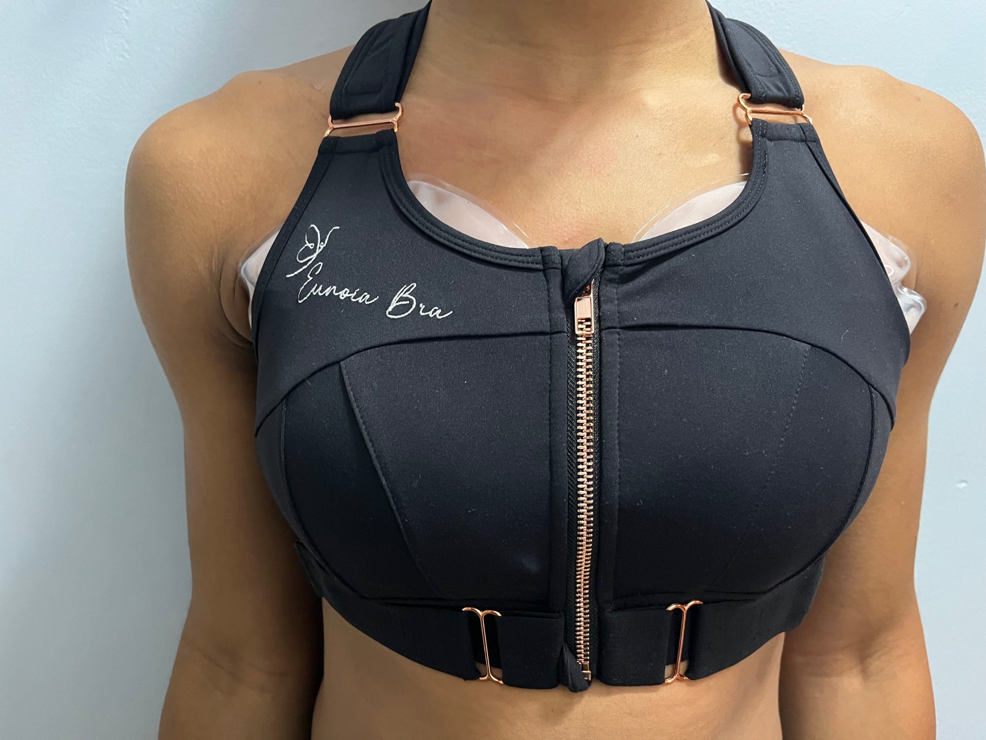 Eunoia Bra and cooling pack set worn for breast pain relief and emotional comfort